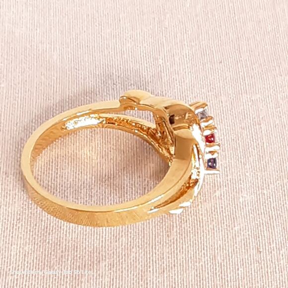 Red White Blue Stone Ring On Gold Tone Open Prong Setting Sample - Picture 4 of 7